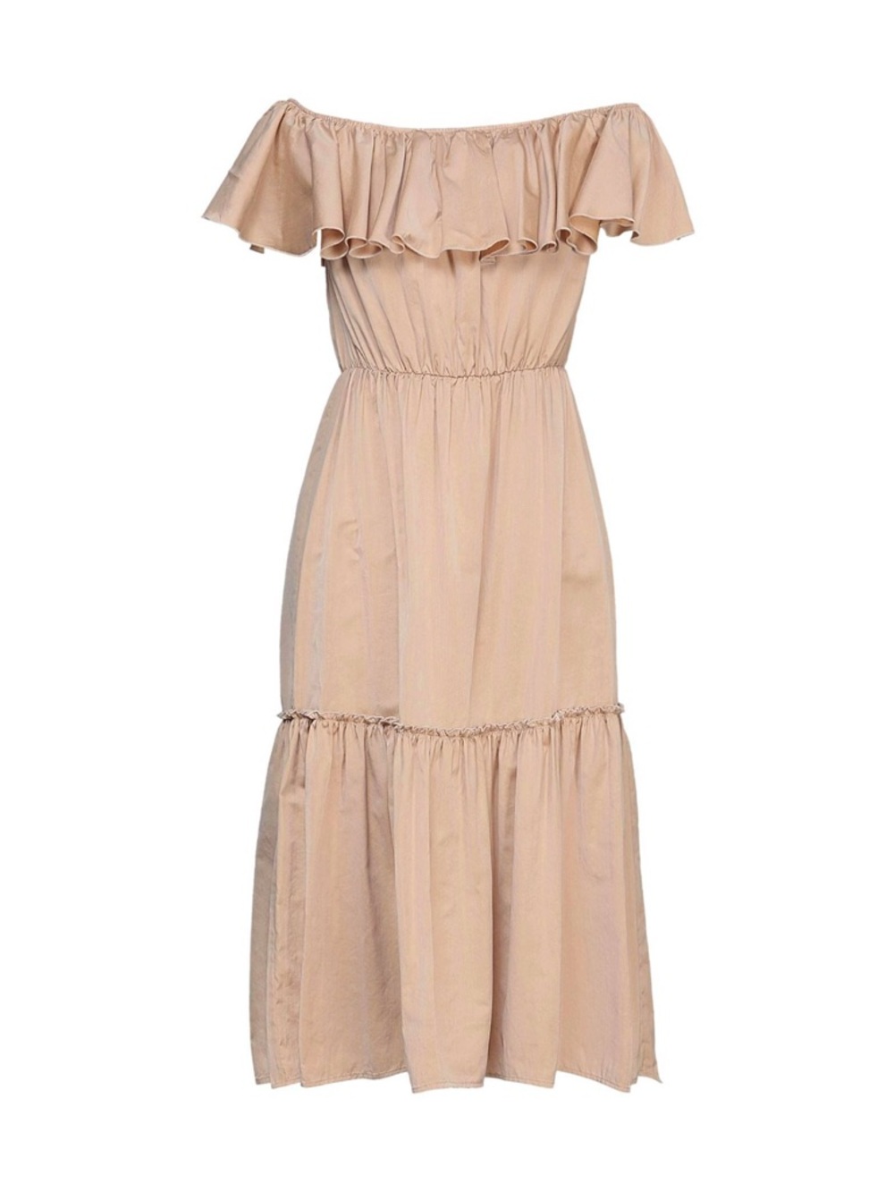 Off-Shoulder Tiered Maxi Dress in Tan/ Biscotto Cotton Silk